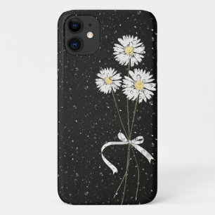 白いデイジーで、黒い上に雨粒を付ける iPhone 11 ケース