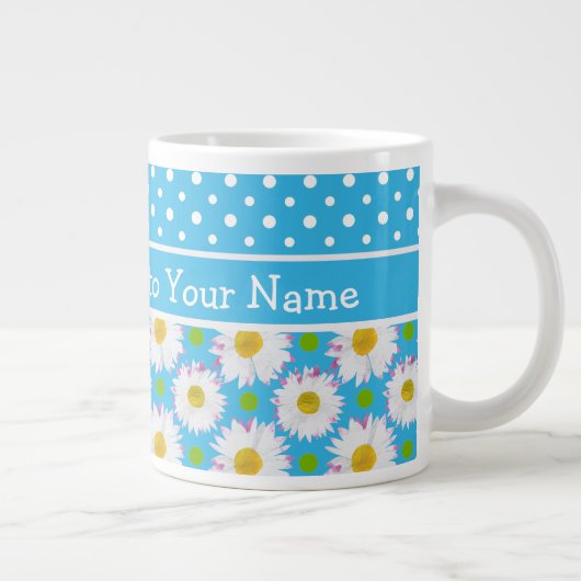 白いデイジーと水玉模様オンスカイブルー ジャンボコーヒーマグカップ (右)