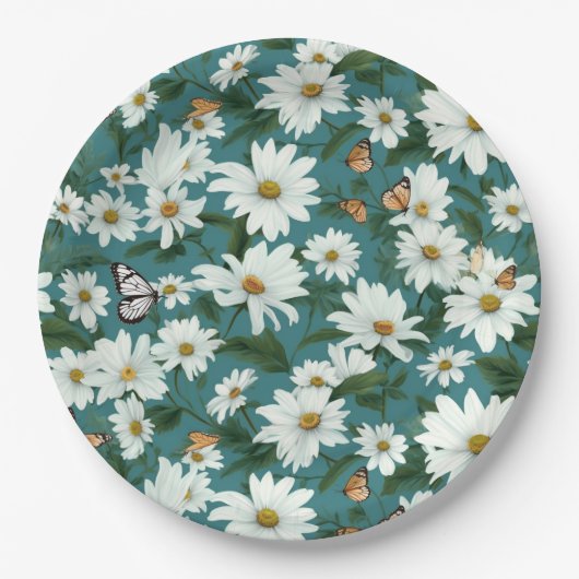 白いデイジーと蝶 ペーパープレート (正面)