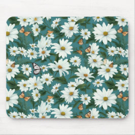 白いデイジーと蝶 マウスパッド