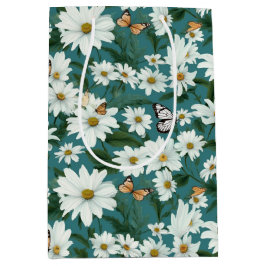 白いデイジーと蝶 ミディアムペーパーバッグ