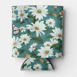 白いデイジーと蝶 缶クーラー