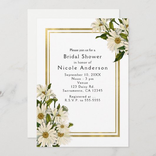 白いデイジーと金ゴールドエレガント素朴招待状 招待状 (正面/裏面)