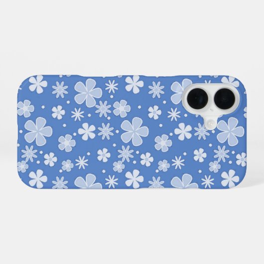 白いデイジーと青の点 iPhone 16ケース (裏面横)