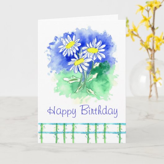 白いデイジーのハッピーバースデーの水彩画の花の芸術 カード (黄色い花)