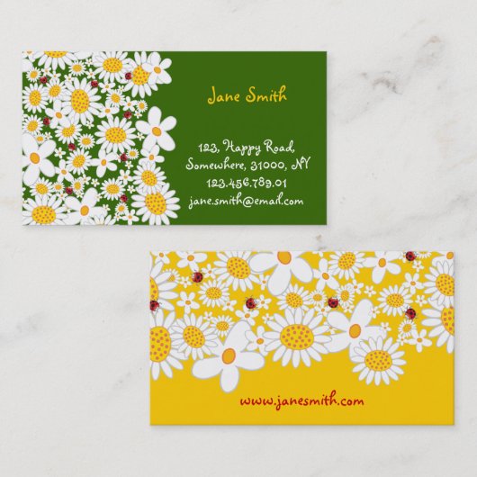 白いデイジーの春の花のてんとう虫のプロフィールカード 名刺 (正面/裏面)
