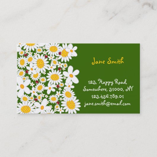 白いデイジーの春の花のてんとう虫のプロフィールカード 名刺 (正面)