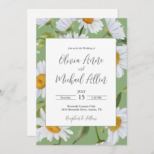 白いデイジーの水彩グリーンの結婚式招待状 招待状 (正面/裏面)