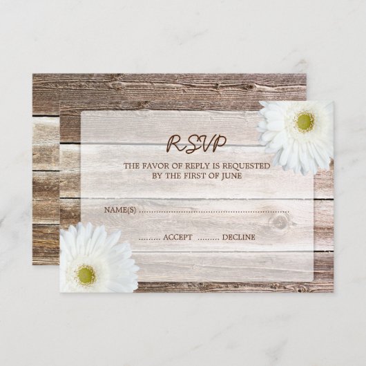 白いデイジーの納屋木製の結婚RSVPの応答カード 出欠カード (正面/裏面)