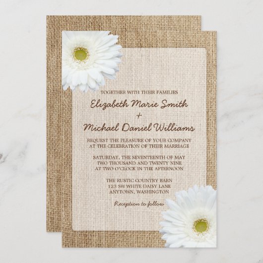 白いデイジーの素朴なバーラップの結婚式招待状 招待状 (正面/裏面)