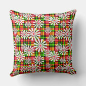 白いデイジーの花が赤い緑のバック市松模様にグ クッション (裏面)