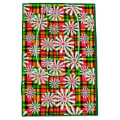 白いデイジーの花が赤い緑のバック市松模様にグ ミディアムペーパーバッグ (正面)