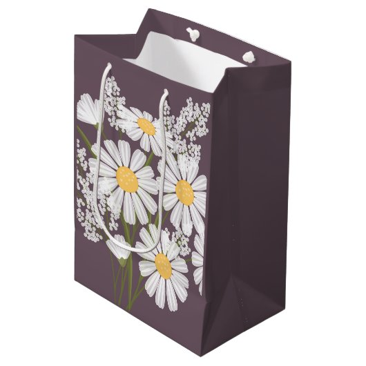 白いデイジーの花を濃い紫に ミディアムペーパーバッグ (正面アングル)