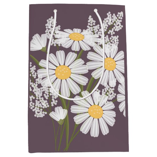 白いデイジーの花を濃い紫に ミディアムペーパーバッグ (正面)