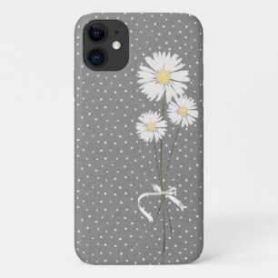 白いデイジーの花束をピンのドットに iPhone 11 ケース