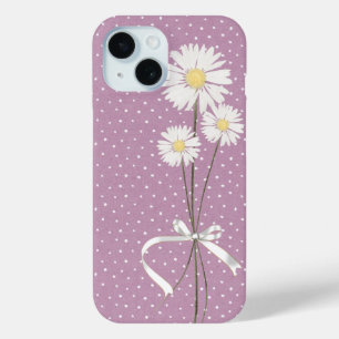 白いデイジーの花束をピンのドットに iPhone 15ケース