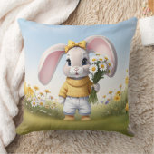 白いデイジーの花束を持つウサギ クッション (ブランケット)