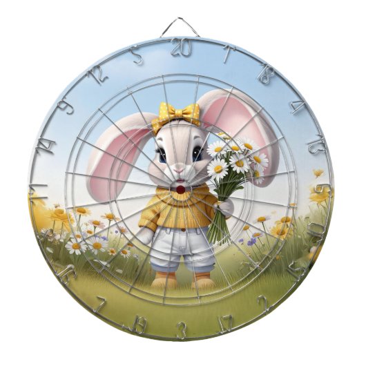 白いデイジーの花束を持つウサギ ダーツボード (正面)
