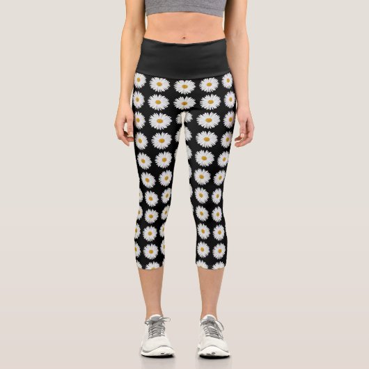 白いデイジーの花柄(黒) カプリレギンス (正面)