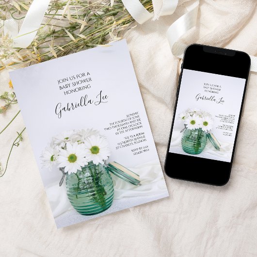 白いデイジーの青い瓶の花瓶ベビーシャワー 招待状