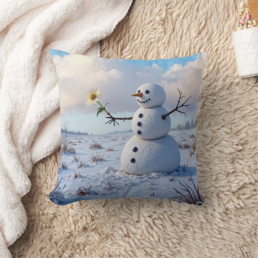 白いデイジーを持つ雪だるま クッション (ブランケット)