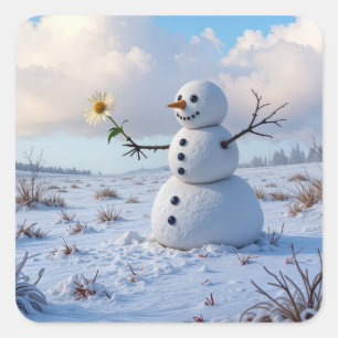 白いデイジーを持つ雪だるま スクエアシール