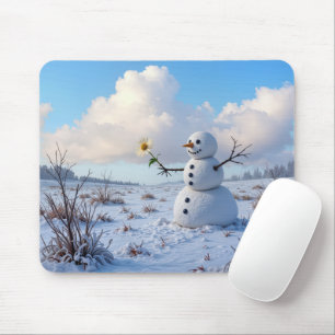 白いデイジーを持つ雪だるま マウスパッド
