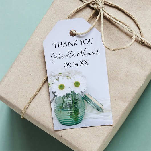 白いデイジーインブルージャー花瓶結婚式の引き出物ラベル ギフトタグ