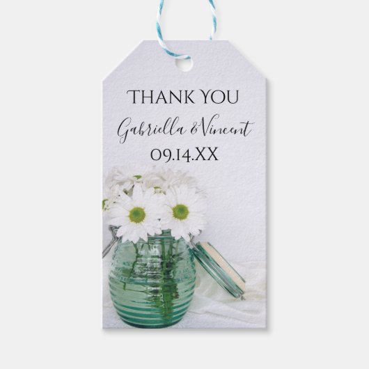 白いデイジーインブルージャー花瓶結婚式の引き出物ラベル ギフトタグ (正面)