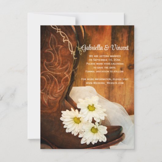 白いデイジーカウボーイブーツウェディング日付を保存 マグネット招待状 (正面)