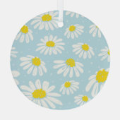 白いデイジーブルー背景シームレス ガラスオーナメント (裏面)
