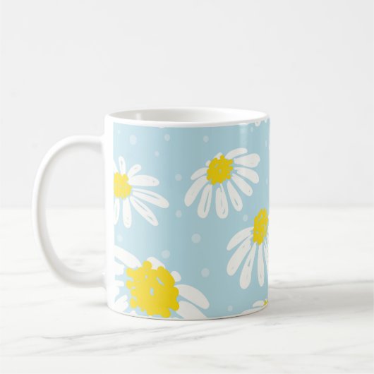 白いデイジーブルー背景シームレス コーヒーマグカップ (左)