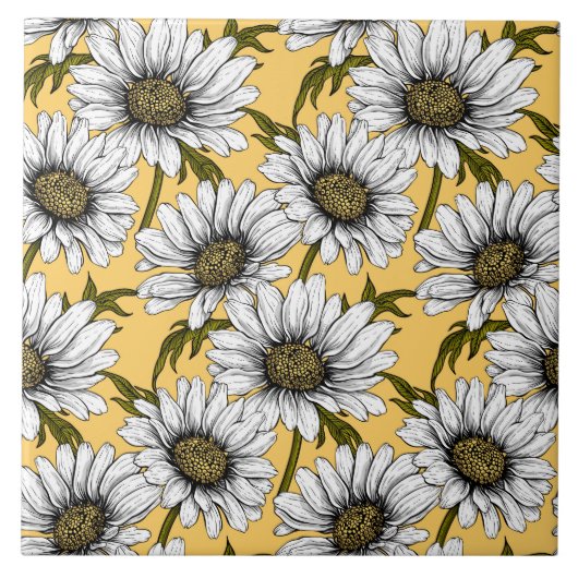 白いデイジー、黄色に野生の花 タイル (正面)