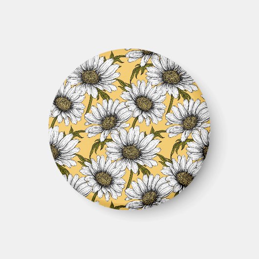 白いデイジー、黄色に野生の花 マグネット (正面)