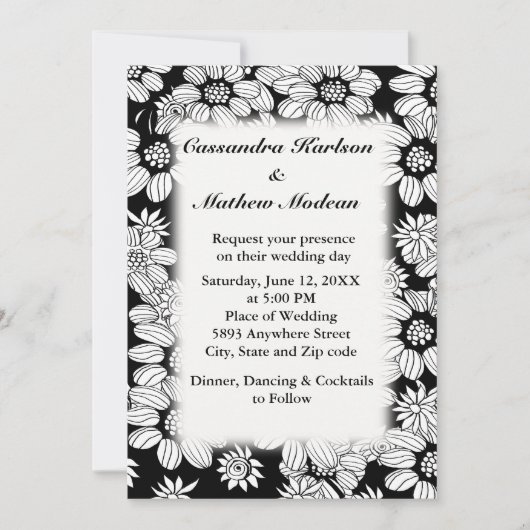 白いデイジー(黒い背景結婚付き) 招待状 (正面)