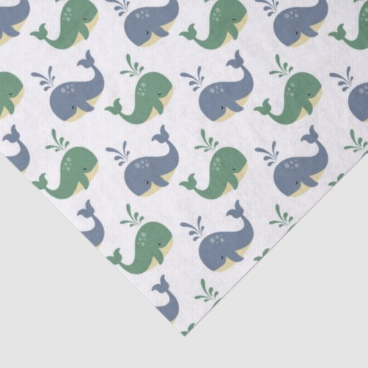 白いデコパージュに乗る青と緑の小型クジラ 薄葉紙 (詳細)