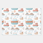 白いデコパージュに描かれた漫画の船と鳥 ラッピングペーパーシート (正面3)