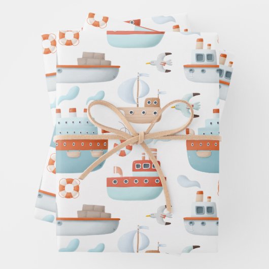 白いデコパージュに描かれた漫画の船と鳥 ラッピングペーパーシート (インサイチュ)