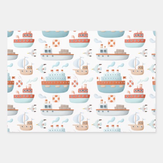 白いデコパージュに描かれた漫画の船と鳥 ラッピングペーパーシート (正面)