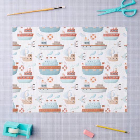 白いデコパージュに描かれた漫画の船と鳥 薄葉紙 (クラフト)