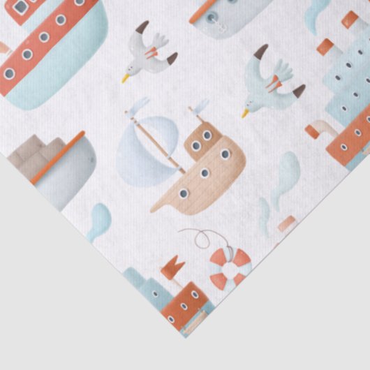 白いデコパージュに描かれた漫画の船と鳥 薄葉紙 (詳細)