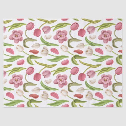 白いデコパージュの白、赤、ピンクのチューリップ 薄葉紙 (正面)