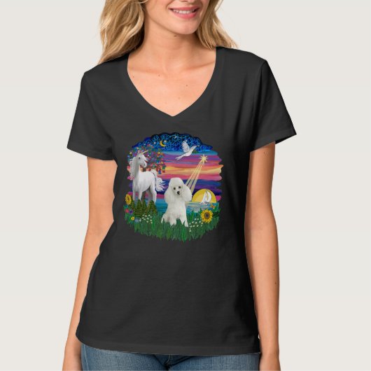 白いトイミニチュアプードルの幻想的な夜 Tシャツ (正面)