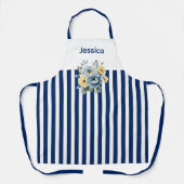 白いトップと青いストライプフローラ エプロン (正面)