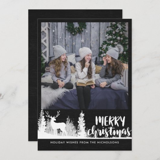 白いトナカイの黒板メリークリスマス写真 シーズンカード (正面/裏面)
