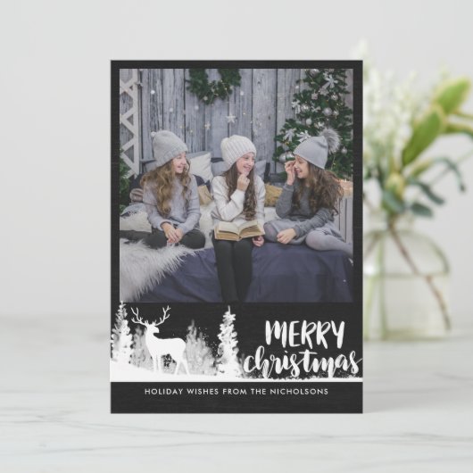 白いトナカイの黒板メリークリスマス写真 シーズンカード (スタンド正面)