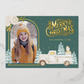 白いトラックの雪だるま クリスマス フォト ティール ゴールド 箔シーズンカード (正面)