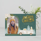 白いトラックの雪だるま クリスマス フォト ティール ゴールド 箔シーズンカード (立ち正面)