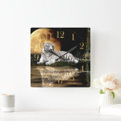 白いトラ及び月の大きな猫の動物愛好家の柱時計 ラウンド壁時計 (ホーム)