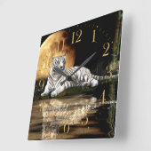 白いトラ及び月の大きな猫の動物愛好家の柱時計 ラウンド壁時計 (傾斜)